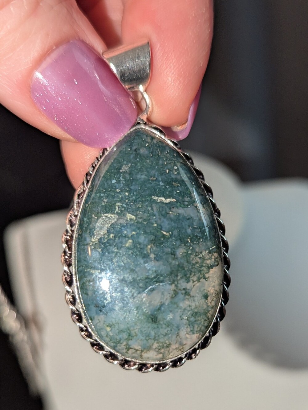 Natural Moss Agate Pendant • 925 Sterling Silver • 2” Drop